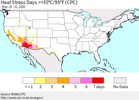 United States Heat Stress Days >=35°C/95°F (CPC) Thematic Map For 5/25/2020 - 5/31/2020
