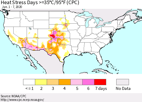United States Heat Stress Days >=35°C/95°F (CPC) Thematic Map For 6/1/2020 - 6/7/2020