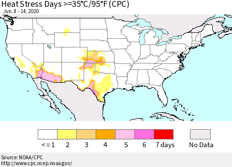 United States Heat Stress Days >=35°C/95°F (CPC) Thematic Map For 6/8/2020 - 6/14/2020