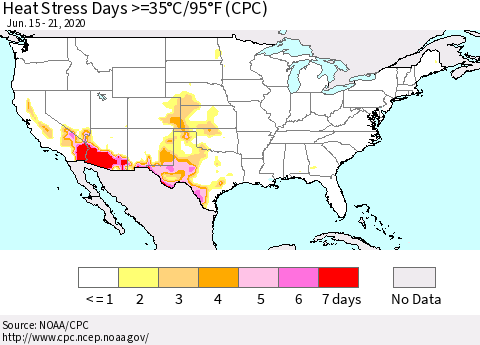 United States Heat Stress Days >=35°C/95°F (CPC) Thematic Map For 6/15/2020 - 6/21/2020