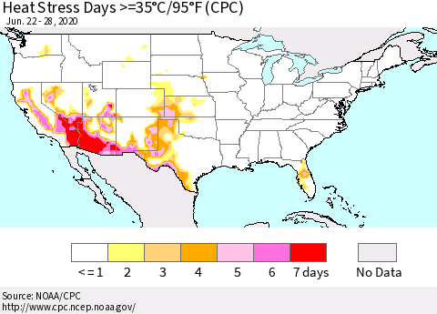 United States Heat Stress Days >=35°C/95°F (CPC) Thematic Map For 6/22/2020 - 6/28/2020