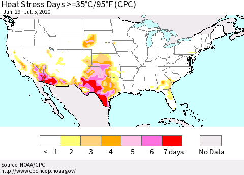 United States Heat Stress Days >=35°C/95°F (CPC) Thematic Map For 6/29/2020 - 7/5/2020