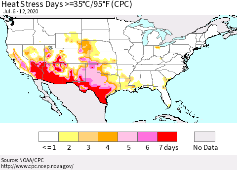 United States Heat Stress Days >=35°C/95°F (CPC) Thematic Map For 7/6/2020 - 7/12/2020