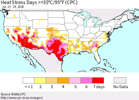 United States Heat Stress Days >=35°C/95°F (CPC) Thematic Map For 7/13/2020 - 7/19/2020
