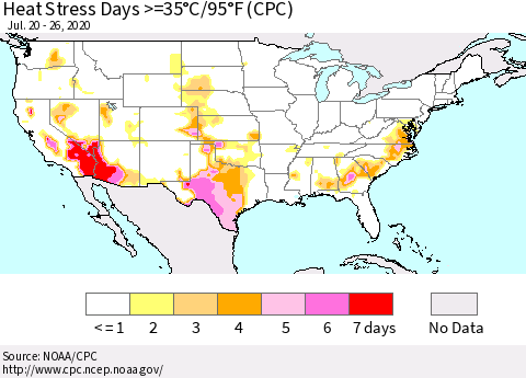 United States Heat Stress Days >=35°C/95°F (CPC) Thematic Map For 7/20/2020 - 7/26/2020