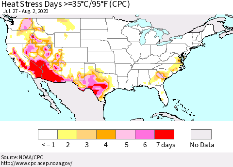 United States Heat Stress Days >=35°C/95°F (CPC) Thematic Map For 7/27/2020 - 8/2/2020