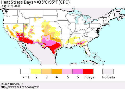 United States Heat Stress Days >=35°C/95°F (CPC) Thematic Map For 8/3/2020 - 8/9/2020