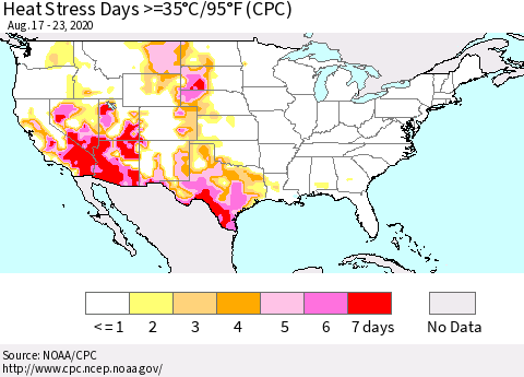 United States Heat Stress Days >=35°C/95°F (CPC) Thematic Map For 8/17/2020 - 8/23/2020