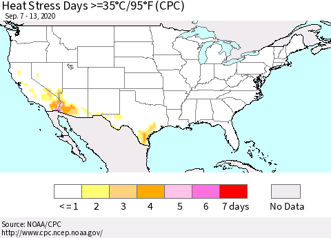 United States Heat Stress Days >=35°C/95°F (CPC) Thematic Map For 9/7/2020 - 9/13/2020