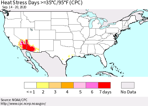 United States Heat Stress Days >=35°C/95°F (CPC) Thematic Map For 9/14/2020 - 9/20/2020