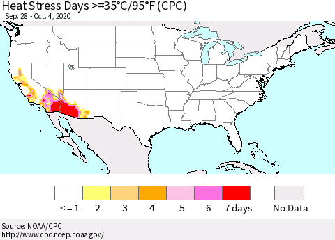 United States Heat Stress Days >=35°C/95°F (CPC) Thematic Map For 9/28/2020 - 10/4/2020