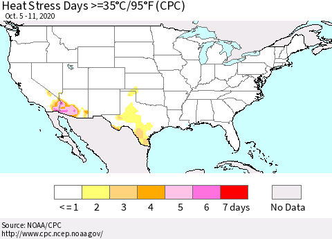 United States Heat Stress Days >=35°C/95°F (CPC) Thematic Map For 10/5/2020 - 10/11/2020