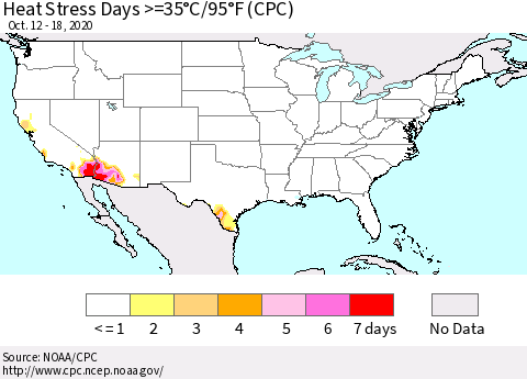 United States Heat Stress Days >=35°C/95°F (CPC) Thematic Map For 10/12/2020 - 10/18/2020