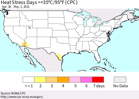 United States Heat Stress Days >=35°C/95°F (CPC) Thematic Map For 4/26/2021 - 5/2/2021
