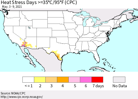 United States Heat Stress Days >=35°C/95°F (CPC) Thematic Map For 5/3/2021 - 5/9/2021