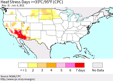 United States Heat Stress Days >=35°C/95°F (CPC) Thematic Map For 5/31/2021 - 6/6/2021