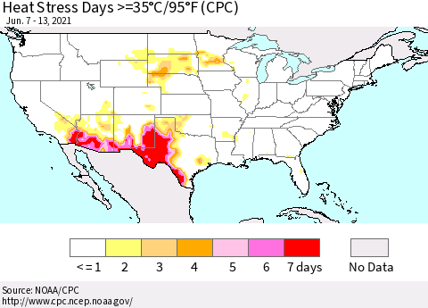 United States Heat Stress Days >=35°C/95°F (CPC) Thematic Map For 6/7/2021 - 6/13/2021