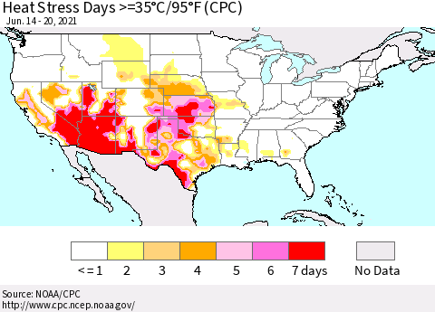 United States Heat Stress Days >=35°C/95°F (CPC) Thematic Map For 6/14/2021 - 6/20/2021