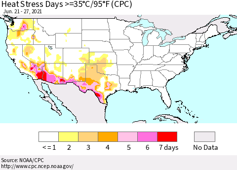 United States Heat Stress Days >=35°C/95°F (CPC) Thematic Map For 6/21/2021 - 6/27/2021