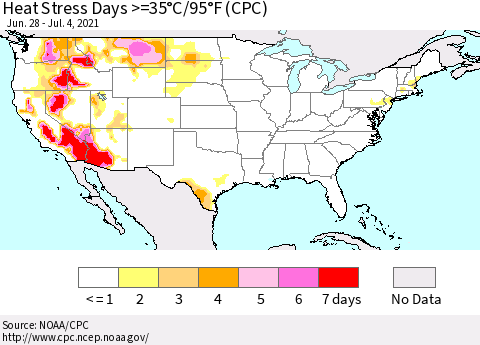 United States Heat Stress Days >=35°C/95°F (CPC) Thematic Map For 6/28/2021 - 7/4/2021