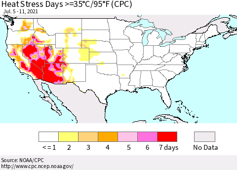 United States Heat Stress Days >=35°C/95°F (CPC) Thematic Map For 7/5/2021 - 7/11/2021