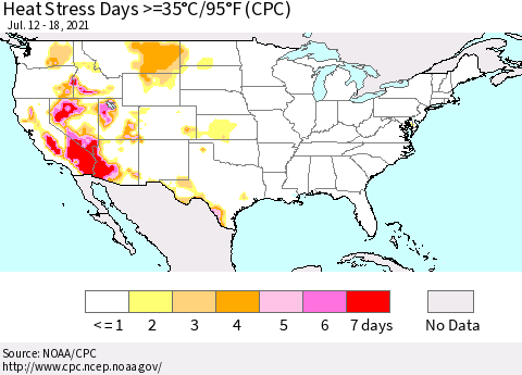 United States Heat Stress Days >=35°C/95°F (CPC) Thematic Map For 7/12/2021 - 7/18/2021