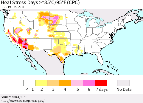 United States Heat Stress Days >=35°C/95°F (CPC) Thematic Map For 7/19/2021 - 7/25/2021