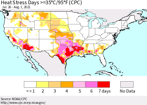 United States Heat Stress Days >=35°C/95°F (CPC) Thematic Map For 7/26/2021 - 8/1/2021