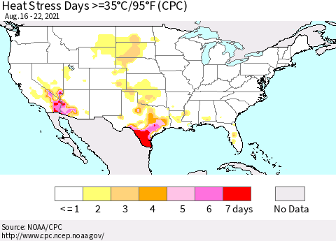 United States Heat Stress Days >=35°C/95°F (CPC) Thematic Map For 8/16/2021 - 8/22/2021