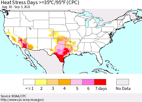United States Heat Stress Days >=35°C/95°F (CPC) Thematic Map For 8/30/2021 - 9/5/2021
