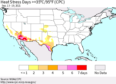 United States Heat Stress Days >=35°C/95°F (CPC) Thematic Map For 9/13/2021 - 9/19/2021