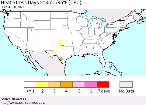 United States Heat Stress Days >=35°C/95°F (CPC) Thematic Map For 10/4/2021 - 10/10/2021