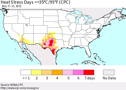 United States Heat Stress Days >=35°C/95°F (CPC) Thematic Map For 5/9/2022 - 5/15/2022