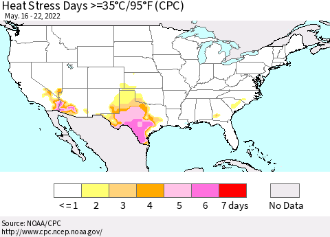 United States Heat Stress Days >=35°C/95°F (CPC) Thematic Map For 5/16/2022 - 5/22/2022