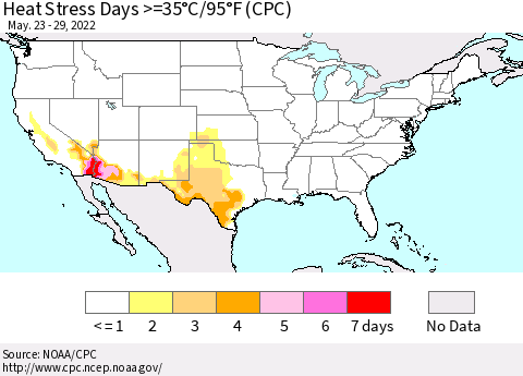United States Heat Stress Days >=35°C/95°F (CPC) Thematic Map For 5/23/2022 - 5/29/2022