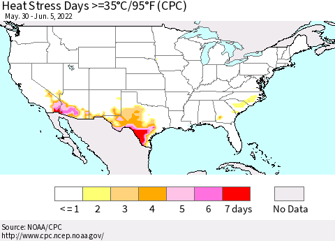 United States Heat Stress Days >=35°C/95°F (CPC) Thematic Map For 5/30/2022 - 6/5/2022