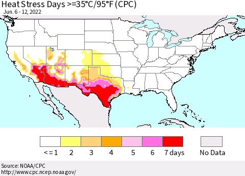 United States Heat Stress Days >=35°C/95°F (CPC) Thematic Map For 6/6/2022 - 6/12/2022