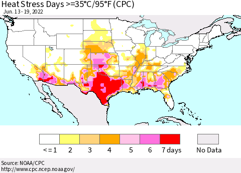 United States Heat Stress Days >=35°C/95°F (CPC) Thematic Map For 6/13/2022 - 6/19/2022