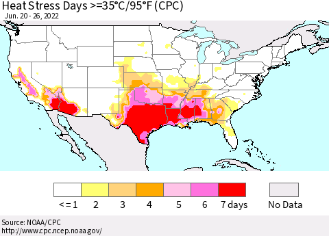 United States Heat Stress Days >=35°C/95°F (CPC) Thematic Map For 6/20/2022 - 6/26/2022