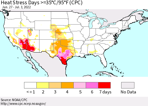 United States Heat Stress Days >=35°C/95°F (CPC) Thematic Map For 6/27/2022 - 7/3/2022