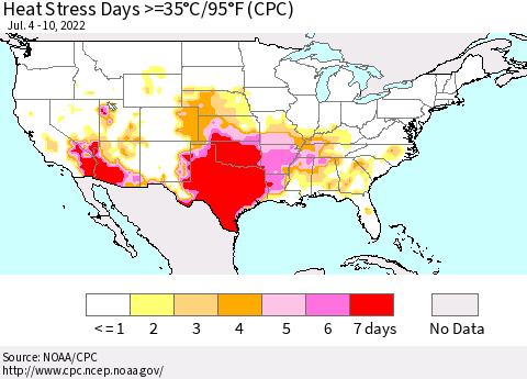 United States Heat Stress Days >=35°C/95°F (CPC) Thematic Map For 7/4/2022 - 7/10/2022
