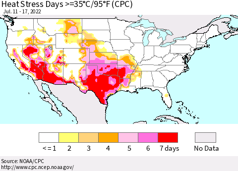 United States Heat Stress Days >=35°C/95°F (CPC) Thematic Map For 7/11/2022 - 7/17/2022