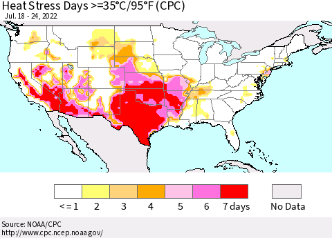 United States Heat Stress Days >=35°C/95°F (CPC) Thematic Map For 7/18/2022 - 7/24/2022