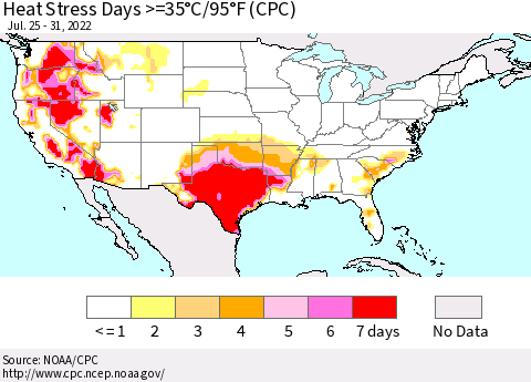 United States Heat Stress Days >=35°C/95°F (CPC) Thematic Map For 7/25/2022 - 7/31/2022