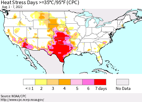 United States Heat Stress Days >=35°C/95°F (CPC) Thematic Map For 8/1/2022 - 8/7/2022