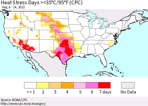 United States Heat Stress Days >=35°C/95°F (CPC) Thematic Map For 8/8/2022 - 8/14/2022