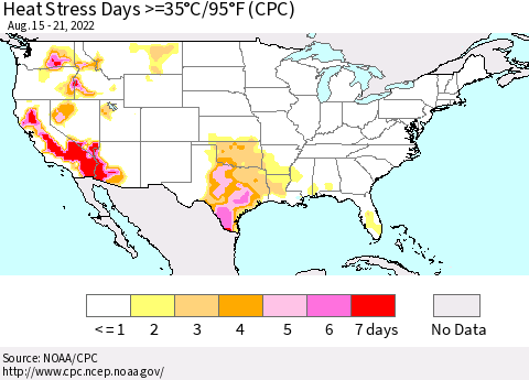 United States Heat Stress Days >=35°C/95°F (CPC) Thematic Map For 8/15/2022 - 8/21/2022
