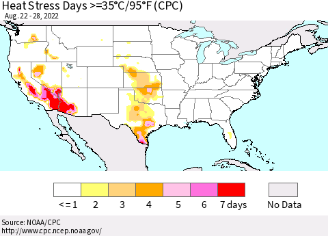 United States Heat Stress Days >=35°C/95°F (CPC) Thematic Map For 8/22/2022 - 8/28/2022