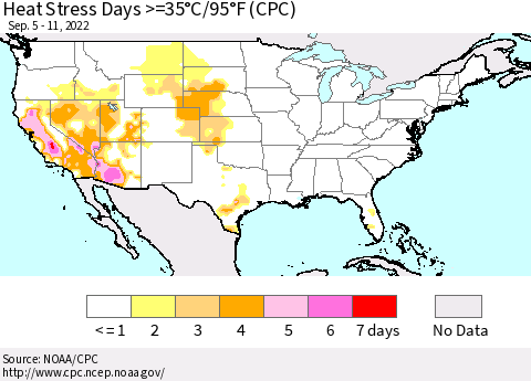 United States Heat Stress Days >=35°C/95°F (CPC) Thematic Map For 9/5/2022 - 9/11/2022
