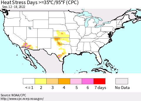 United States Heat Stress Days >=35°C/95°F (CPC) Thematic Map For 9/12/2022 - 9/18/2022